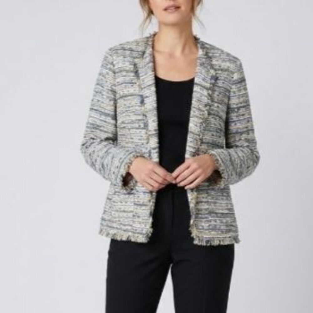Alfred Dunner Women's Multicolor Tweed Stripe Fringe Open-Front Blazer Size 20